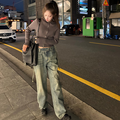 Avocadong蓝色腰带阔腿牛仔裤