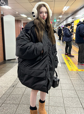 Avocadong 暖宝宝4.0白鸭绒黑色宽松长款大羽绒服女冬季保暖外套