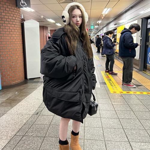 Avocadong 暖宝宝4.0白鸭绒黑色宽松长款大羽绒服女冬季保暖外套