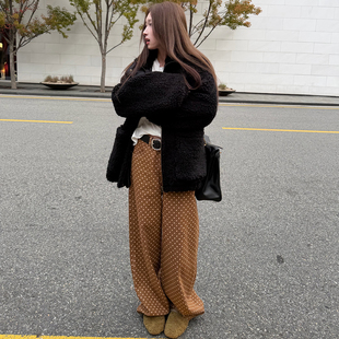 女休闲直筒阔腿长裤 Avocadong 又一条百搭王宽松奶棕色波点牛仔裤