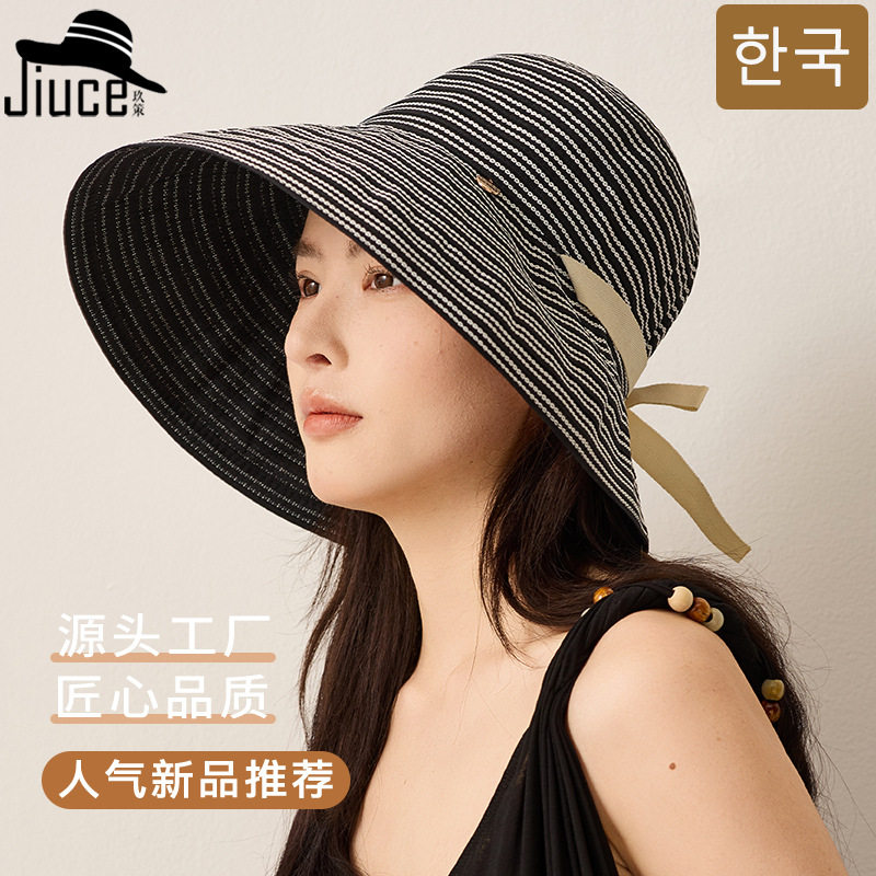 韩系ins条纹蝴蝶结大帽檐渔夫帽子