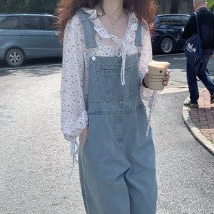 高腰牛仔背带裤套装女2025夏天薄款洋气减龄小个子阔腿拖地连体裤