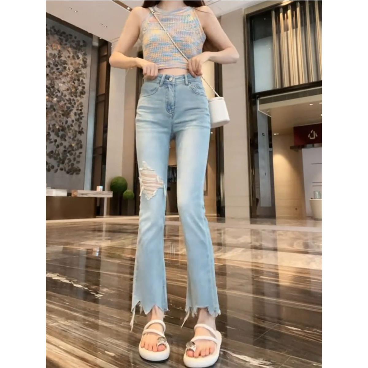 浅蓝色毛边破洞烟管裤女2025夏季薄款牛仔微喇裤小个子显瘦九分裤