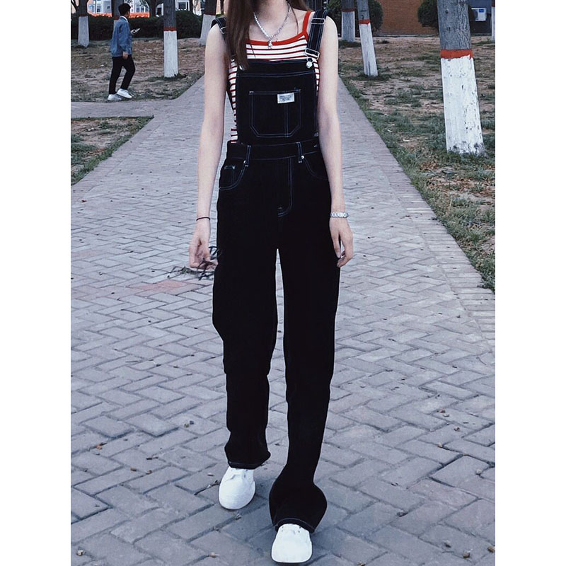 黑色牛仔背带裤女2025春秋新款韩系宽松高腰直筒阔腿拖地连衣裤