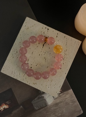原创【粉雾桃序】12m草莓晶黄胶花天然水晶手串多样性发其一Y410