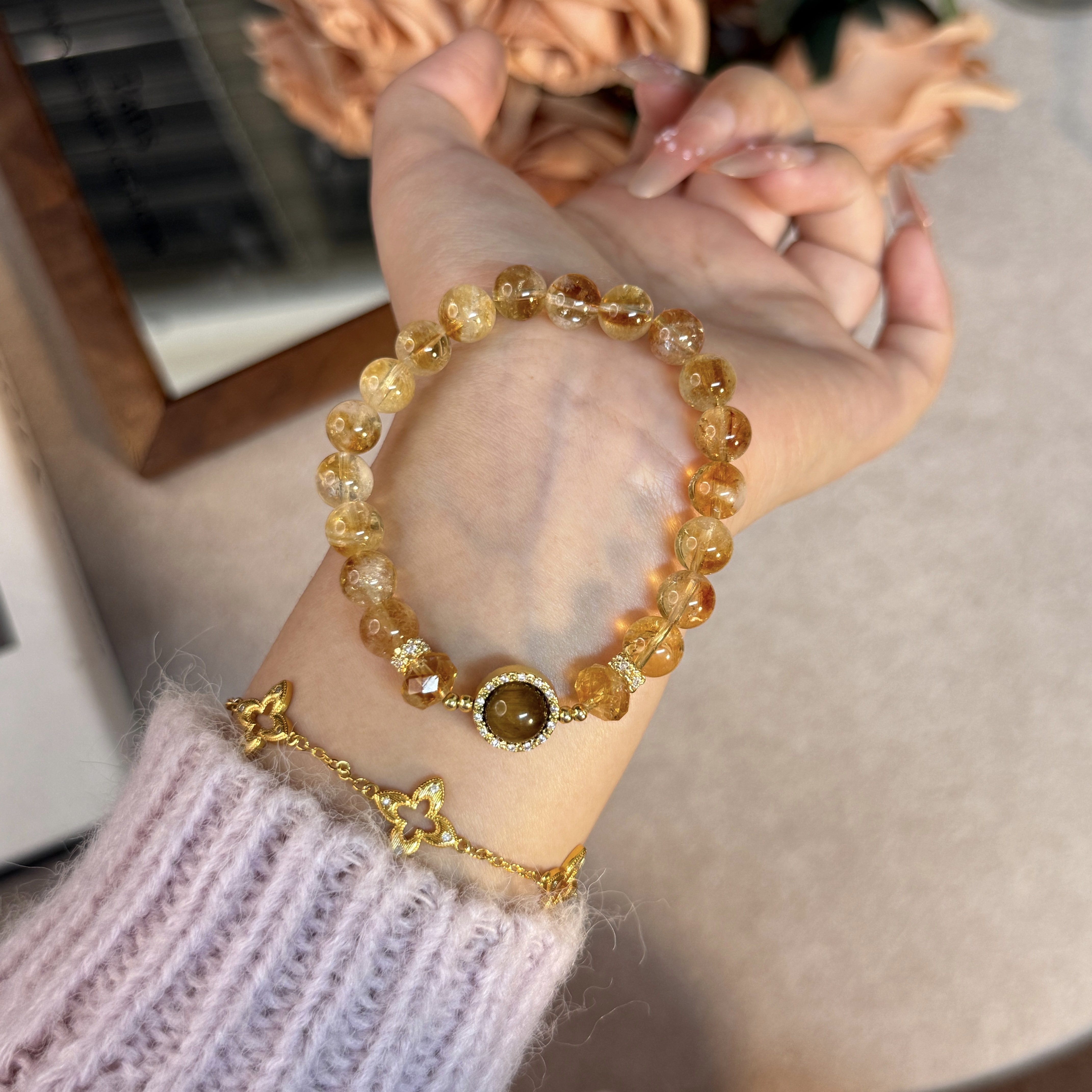 【年富一年】8mm黄塔晶+黄虎眼原创设计感天然水晶手串高级感Y294