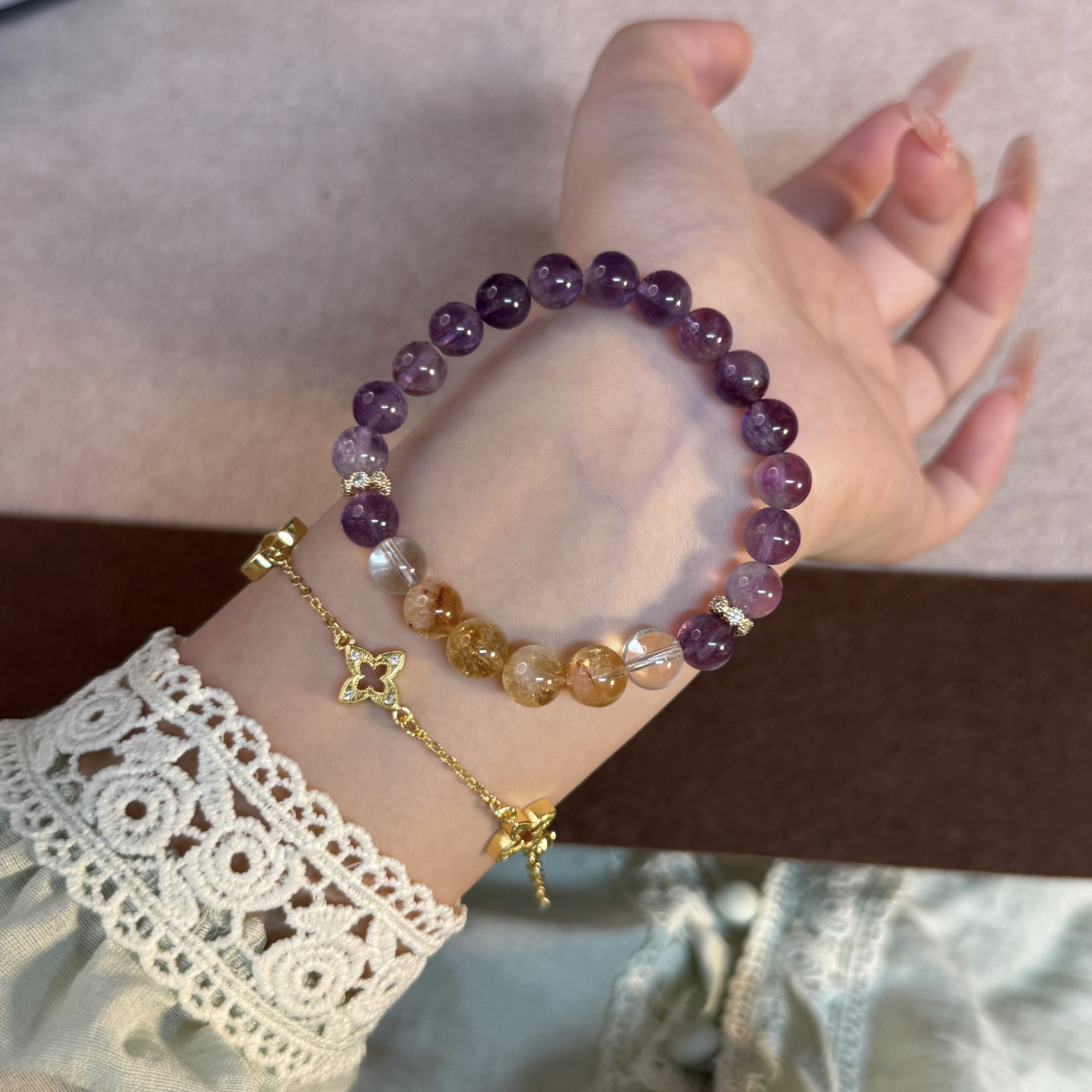 【学事上岸】8mm深紫幽灵黄塔晶多宝手串天然单圈水晶手链Y244