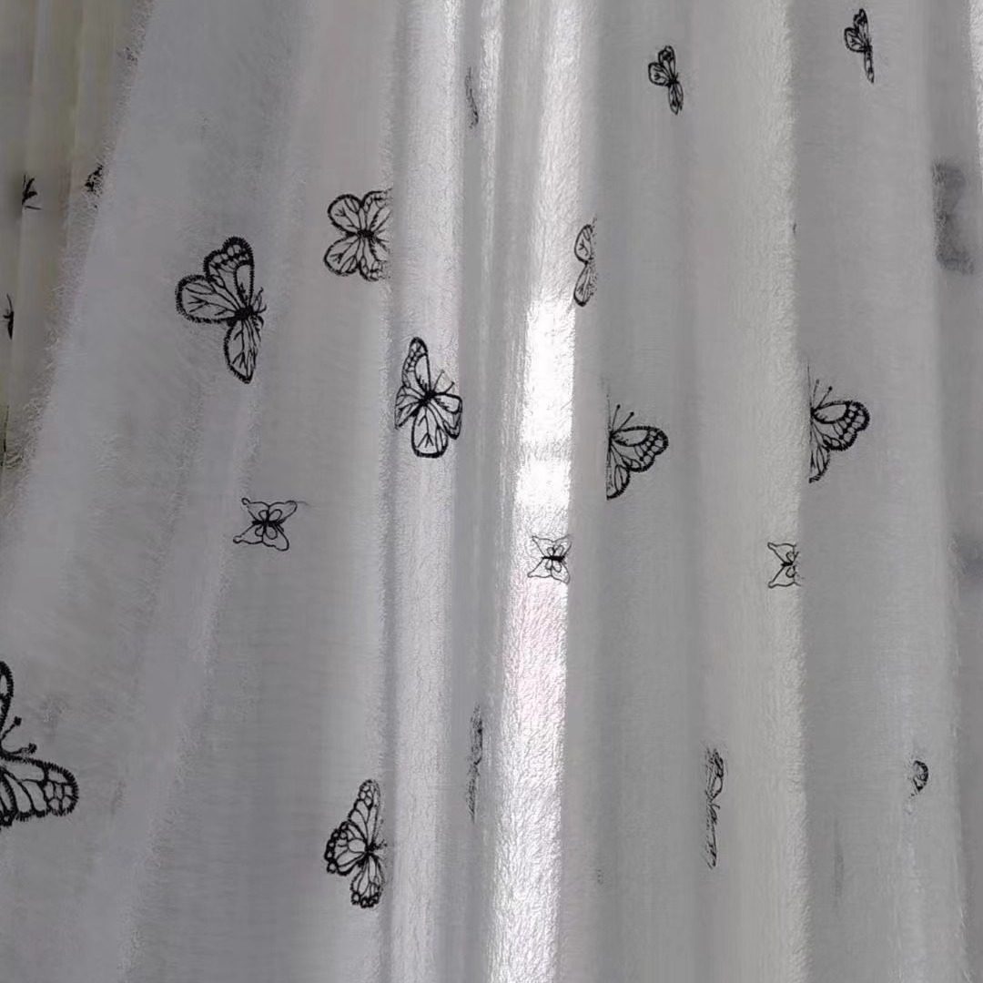 绣花蝴蝶纱帘透光窗纱白色毛绒纱客厅卧室阳台遮阳防晒纱成品窗帘