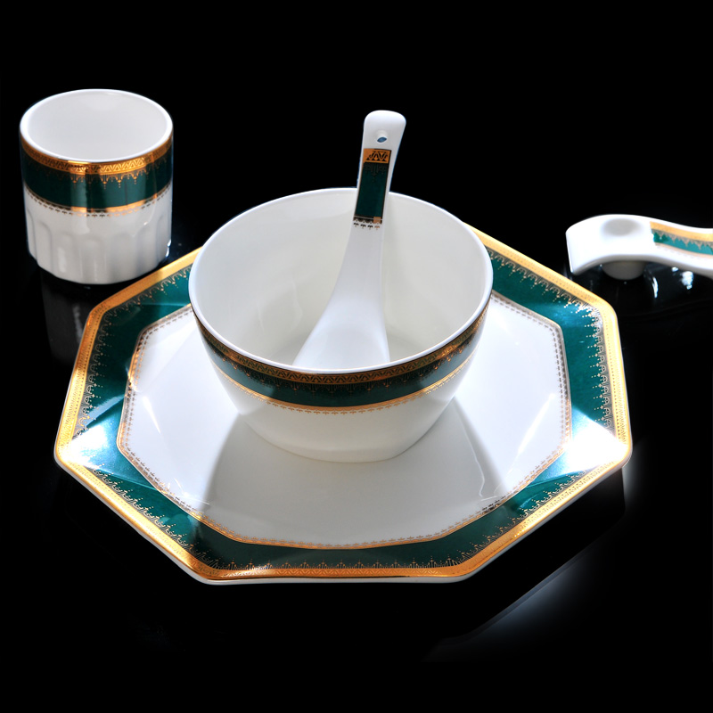 金边北欧风格骨瓷碗碟组合深绿色