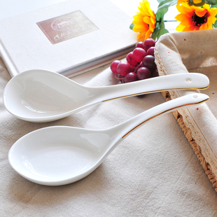 高级感汤勺陶瓷大号长柄加长调羹骨瓷汤匙商用金边勺子家用餐厅