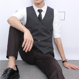 休闲西装 春款 麻棉薄款 英伦复古修身 马甲男西服背心礼服潮 韩版