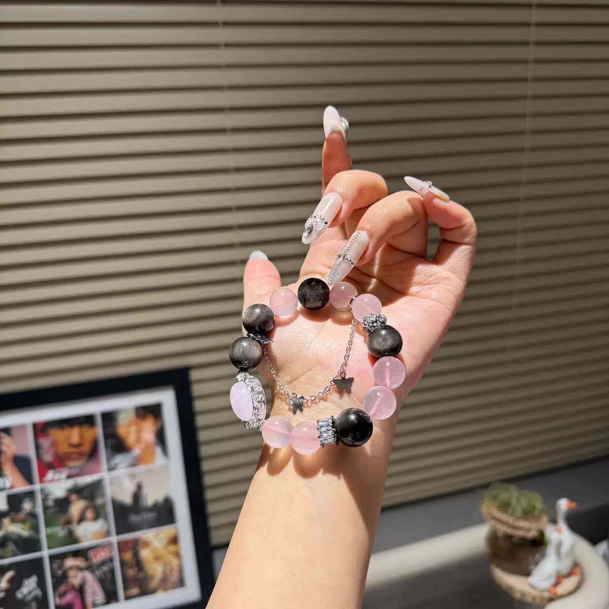 天然粉水晶手链大颗粒黑曜石手串粉晶盒子原创设计25年新品手链女