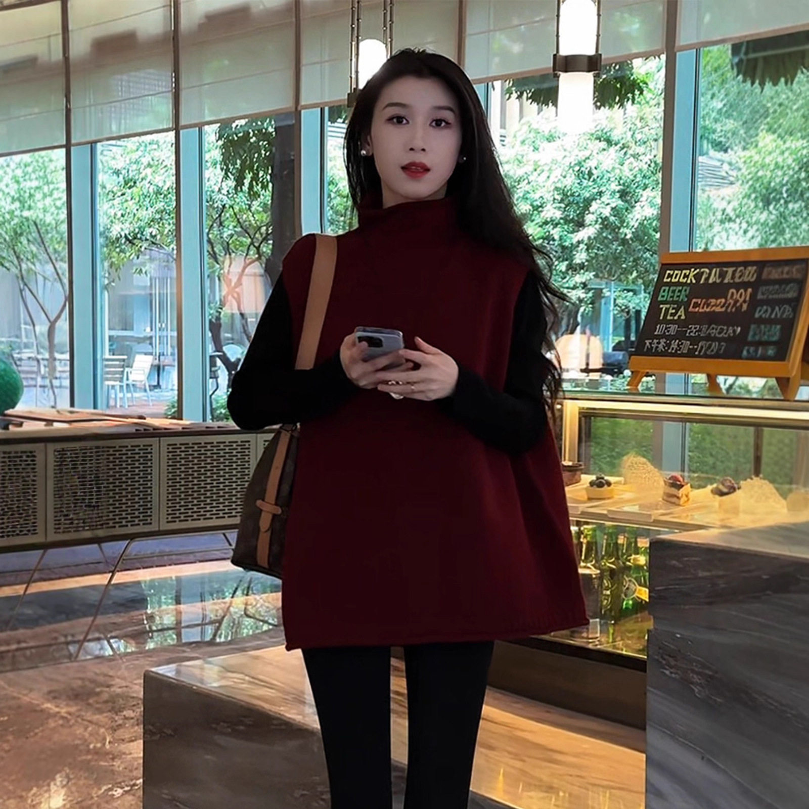 欧货时髦气质复古红色高领针织毛衣马甲女季新款无袖背心上衣潮