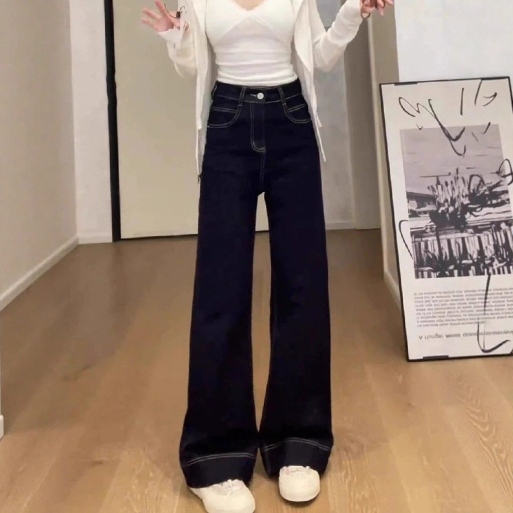 大码马蹄微喇叭牛仔裤女秋季胖mm梨形身材宽松高腰显瘦直筒阔腿裤