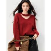 实拍珍珠设计气质本命年红色针织毛衣季 新款