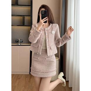 实拍气质富家千金细闪小香粉色套装西装外套女