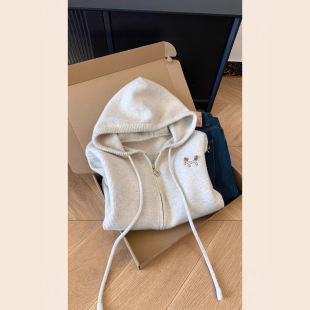 双拉链连帽长袖针织开衫毛衣外套女士慵懒风高级感上衣刺绣卫衣