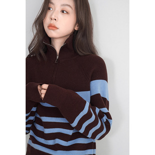 条纹半拉链翻领套头毛衣外套女秋2026新款慵懒风外穿长袖针织衫