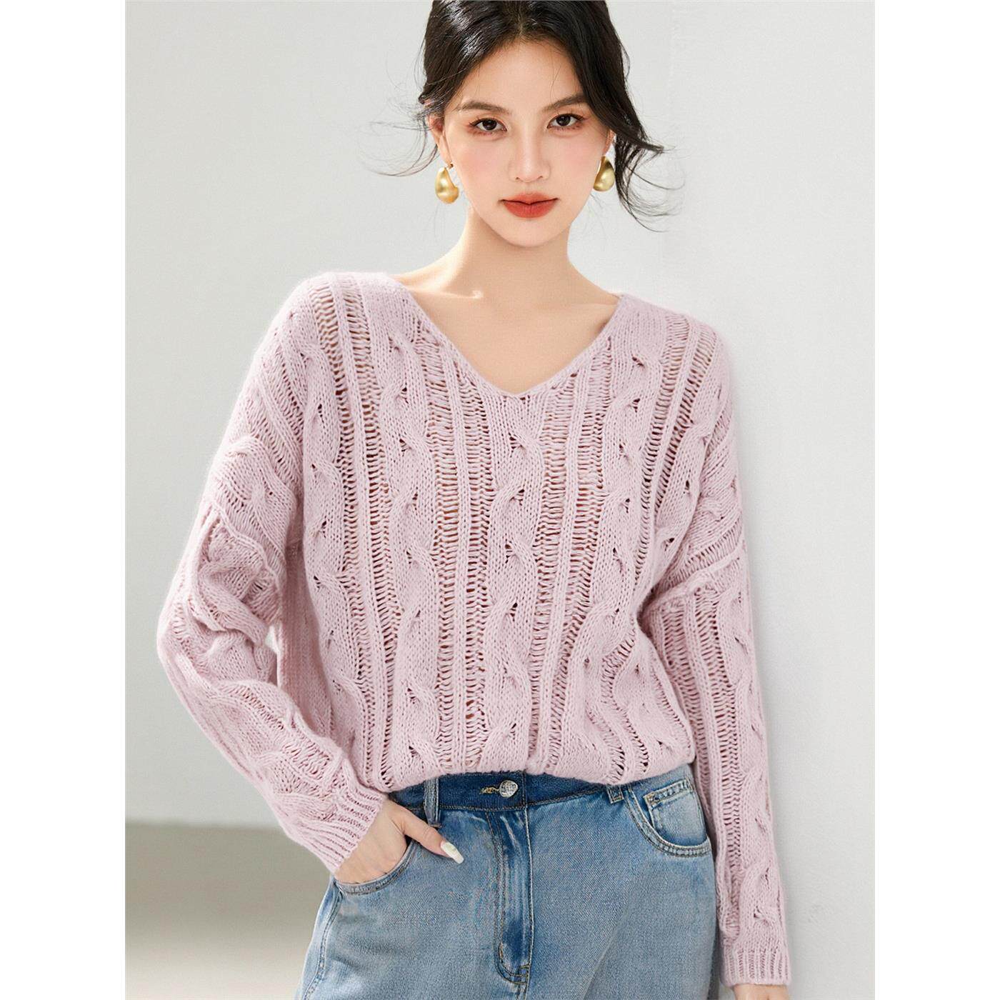 日系复古V领麻花套头毛衣女2026秋冬新款休闲宽松短款针织衫上衣