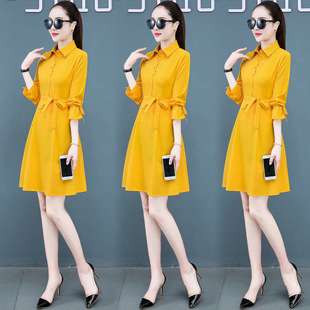 时尚 修身 长袖 连衣裙女2026春夏新款 气质红色衬衫 韩版 中长款 裙 女装