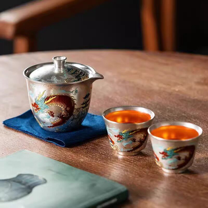 荼杯荼壶一整套龙腾盛世旅行茶具鎏银高档户外便携式旅行装快客杯