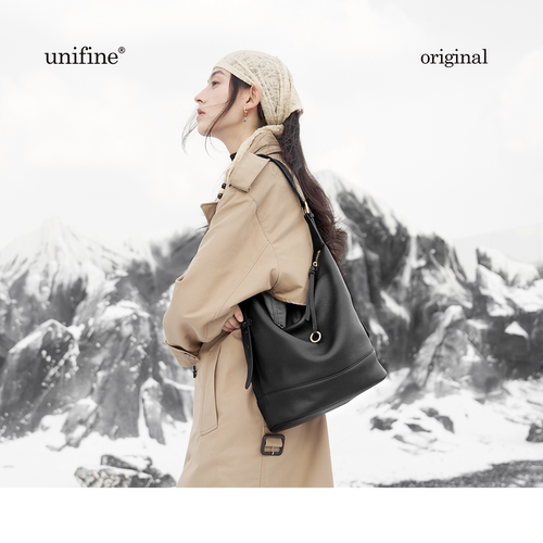 unifine川行头层牛皮水桶包小众高级感通勤斜挎包女休闲单肩包包