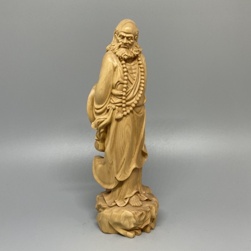 小叶黄杨木雕刻达摩祖师爷佛像背拿斗笠渡江站像家居禅意悟道装饰