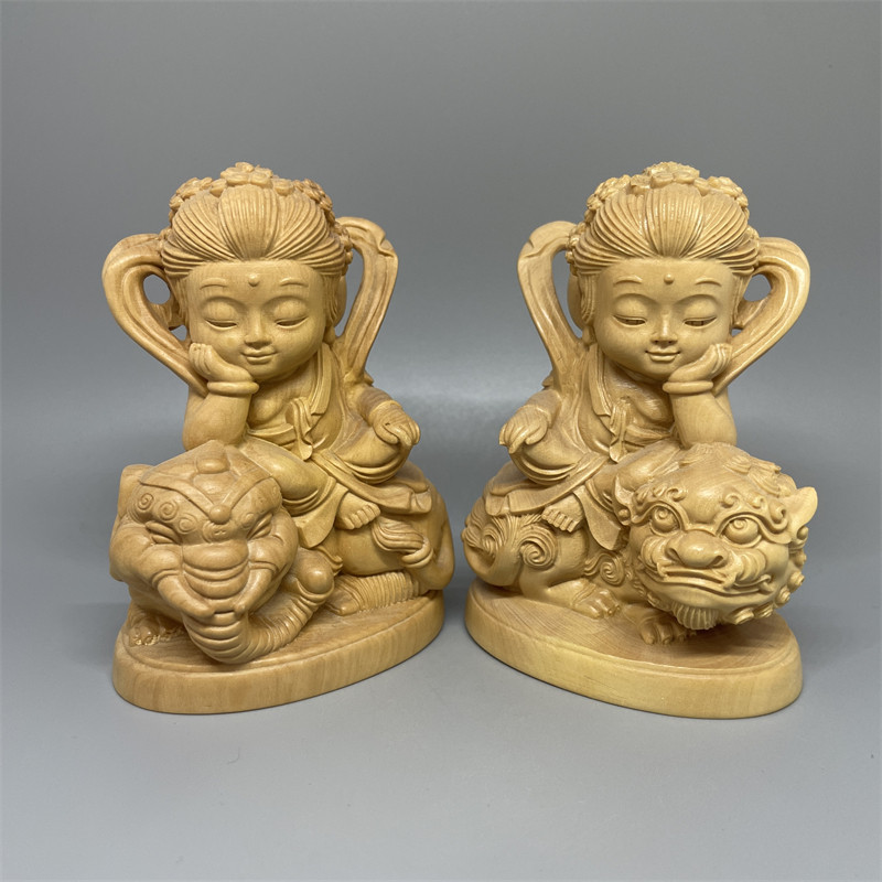 小叶黄杨木雕刻Q版文殊普贤菩萨摆件神像佛像家中装饰工艺品车摆