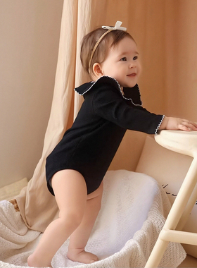 女宝宝包屁衣春秋季长袖哈衣婴幼儿荷叶领打底衫女童木耳边爬服