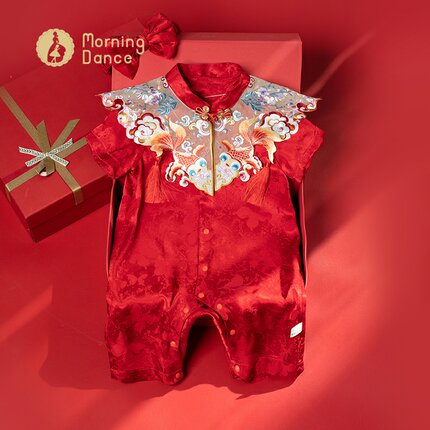 晨舞女宝宝周岁礼服婴幼儿童喜庆红色中式百天宴满月国风服装夏季
