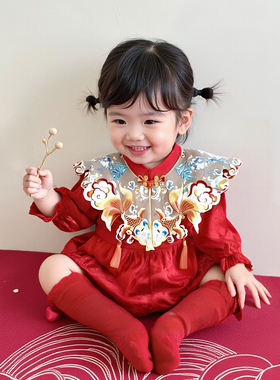 晨舞 女宝宝周岁礼服婴幼儿童红色喜气生日包屁衣中式满月百天宴