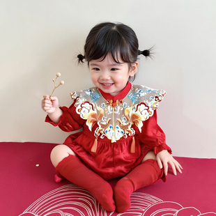 晨舞 女宝宝周岁礼服婴幼儿童红色喜气生日包屁衣中式满月百天宴