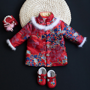 冬女童拜过新年服长袖唐装复古加棉厚中国风儿童上衣外套红色喜气