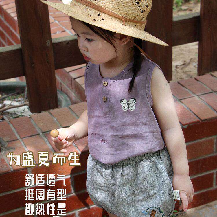 夏季儿童背心亚麻无袖上衣薄款透气男女宝宝婴儿外穿凉快小爱丽丝