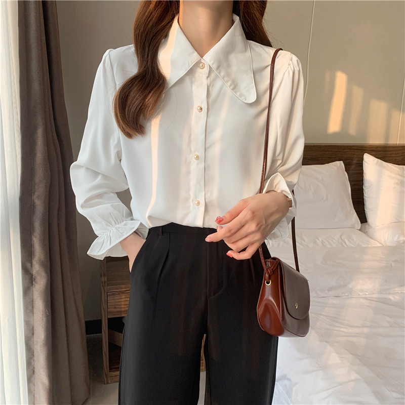 Real shot real price Korean version loose, thin and versatile solid color shirt girl