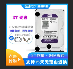 监控台式 3000G监控硬盘稳定 5400转64M 机 西部数据3T紫盘PURX