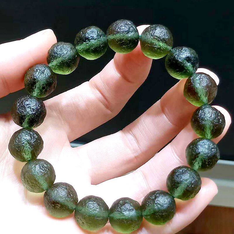 正品天然橄榄绿捷克玻璃陨石单圈手链外太空宇宙玻璃原石手串12mm