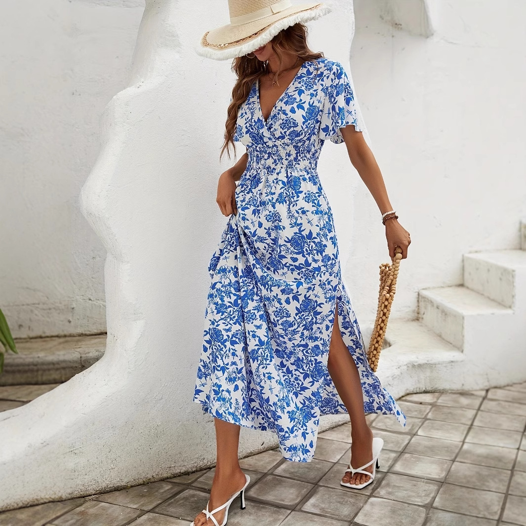 度假风印花V领开叉束腰连衣裙