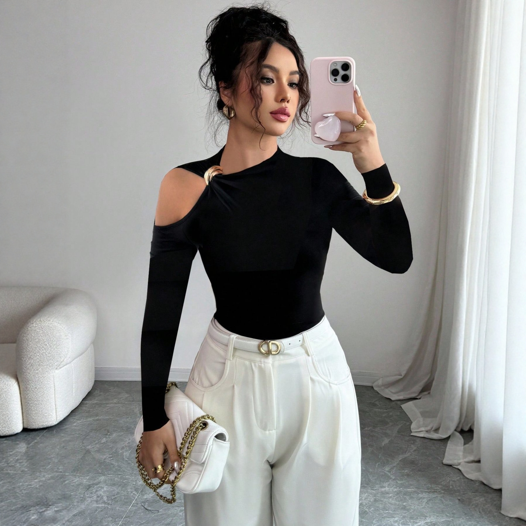 美式跨境秋冬女装纯色长袖镂空轻奢街头高级感打底衫百搭显瘦上衣