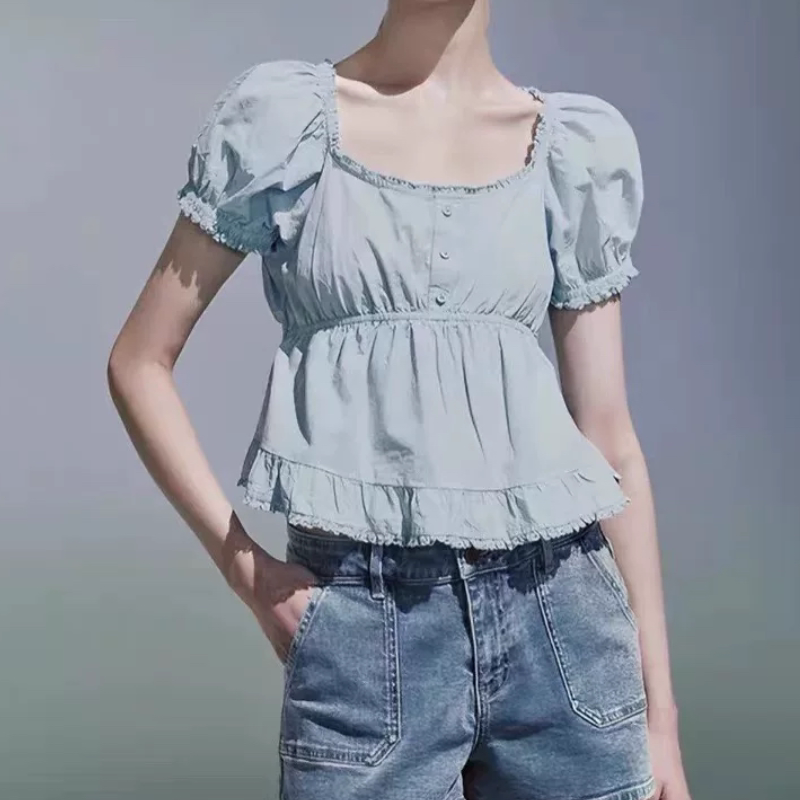 B353 小个子女装法式减龄甜美设计感U形领花边短袖小衫女纯欲风