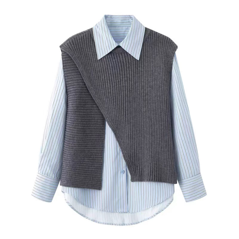 B333艾冬新款宽松百搭蓝白条纹棉衬衫加厚针织马甲2件套女针织衫