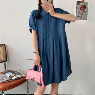 A622小清新淑女天丝牛仔连衣裙纯色宽松夏季 休裙摆通勤中长裙 新款