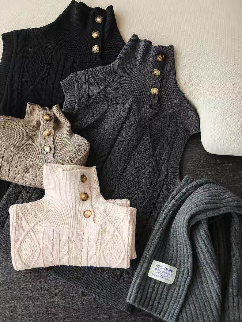 A803复古麻花三粒扣高领针织马甲女春季叠穿气质慵懒坎肩毛衣背心,女装/女士精品,毛针织衫,淘宝优惠券,粉丝福利购,淘宝优惠卷