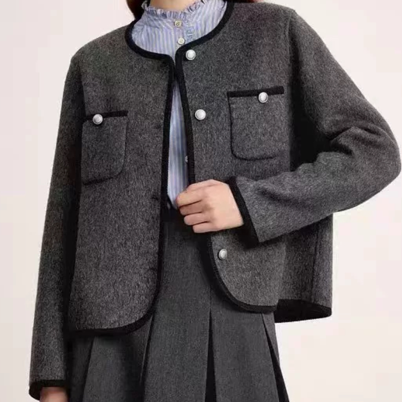 A462夹花灰拼色边圆领柔软双面呢绵羊毛秋新款长袖女毛呢外套,女装/女士精品,毛呢外套,淘宝优惠券,粉丝福利购,淘宝优惠卷