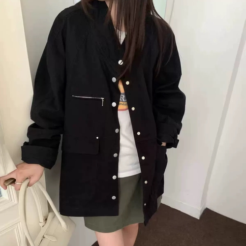 B504大码女装秋冬宽松水洗棉工装时尚外套休闲中款风衣2508