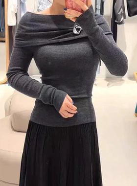 B504秋冬2025新款款淑女时尚套头修身显瘦一字肩上衣0别针打底