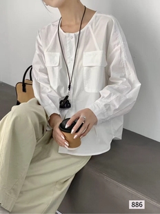 B214全棉柔软宽松圆领白色长袖 女休闲百搭叠穿衬衣外套潮 衬衫