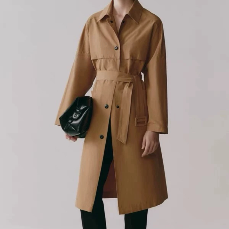E632 百搭通勤英伦风收腰中长款风衣外套女