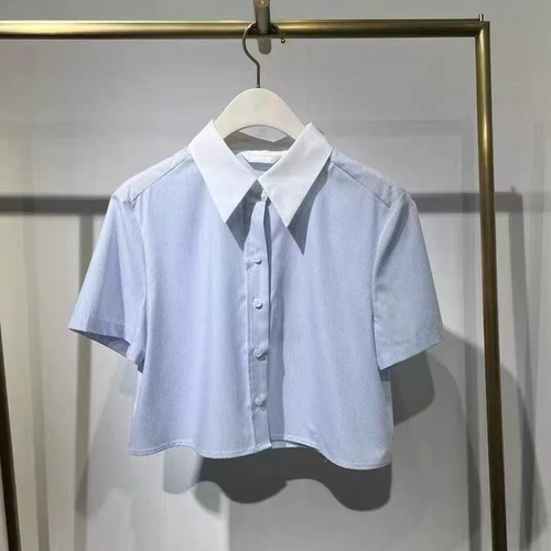 A504新款夏翻领条纹拼接通勤穿搭短袖衬衫女