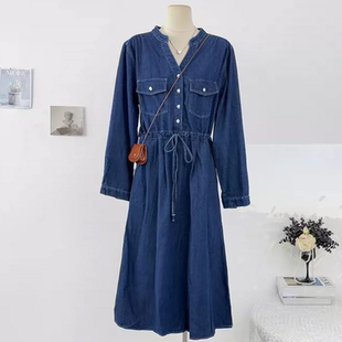 抽绳系带收腰大摆A字裙 牛仔连衣裙女秋季 C102法式 复古气质V领长袖